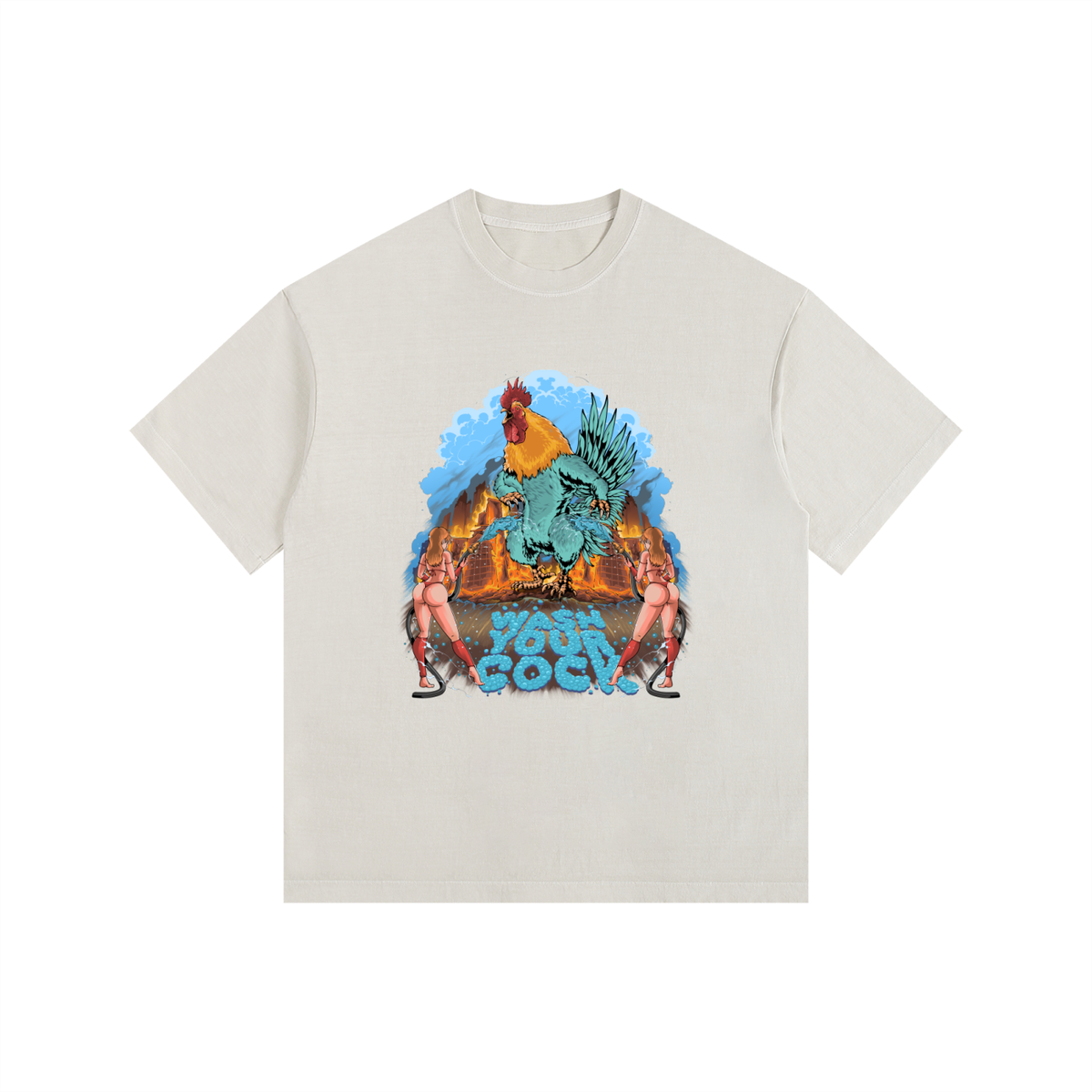 Dirty Rooster oversized cotton tee in Light Apricot, front view with a large rooster graphic