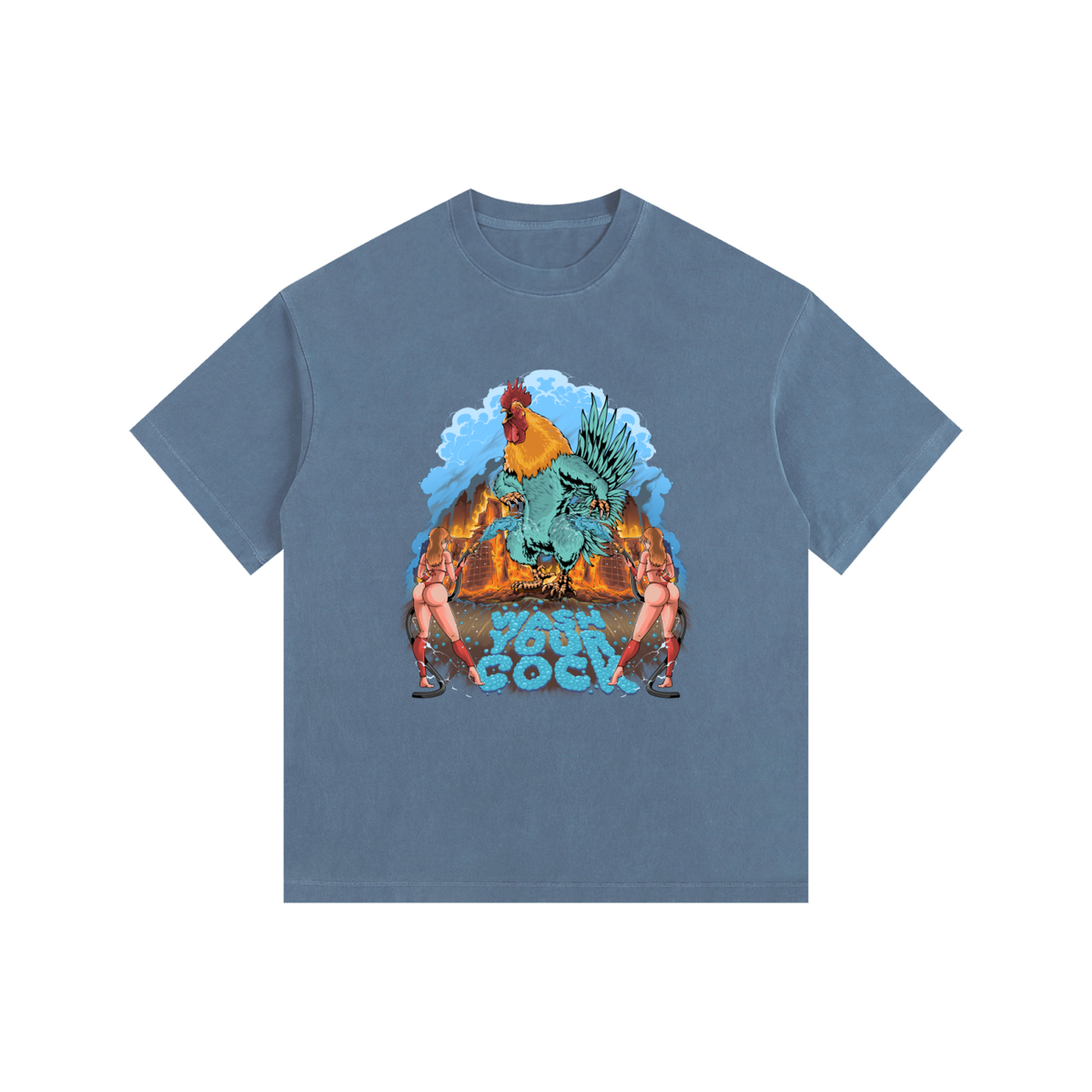 Dirty Rooster oversized cotton tee in Royal Blue, front view with a large rooster graphic
