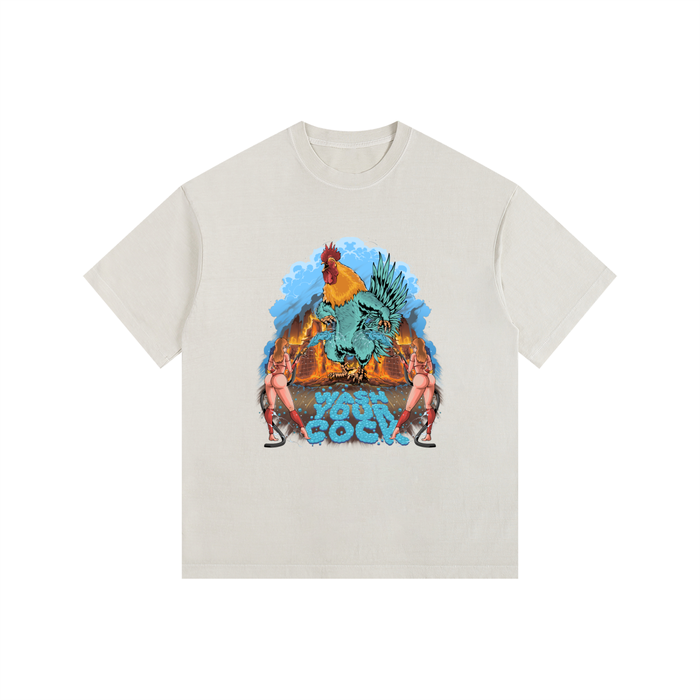 Dirty Rooster oversized cotton tee in Light Apricot, front view with a large rooster graphic
