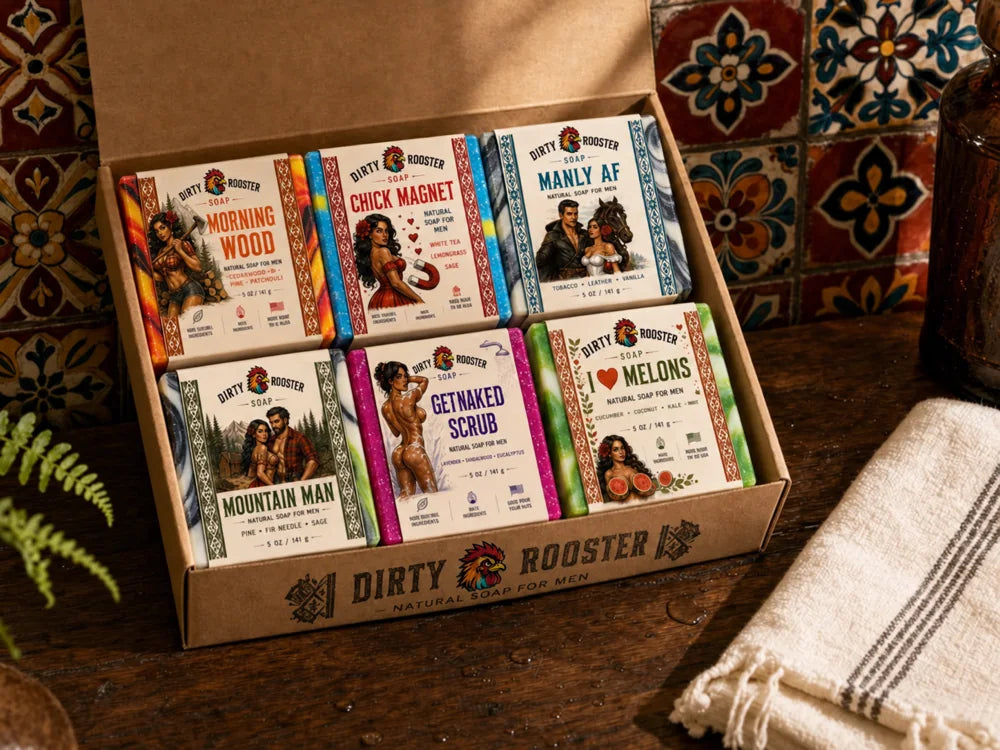 Six Dirty Rooster soaps in a kraft gift box