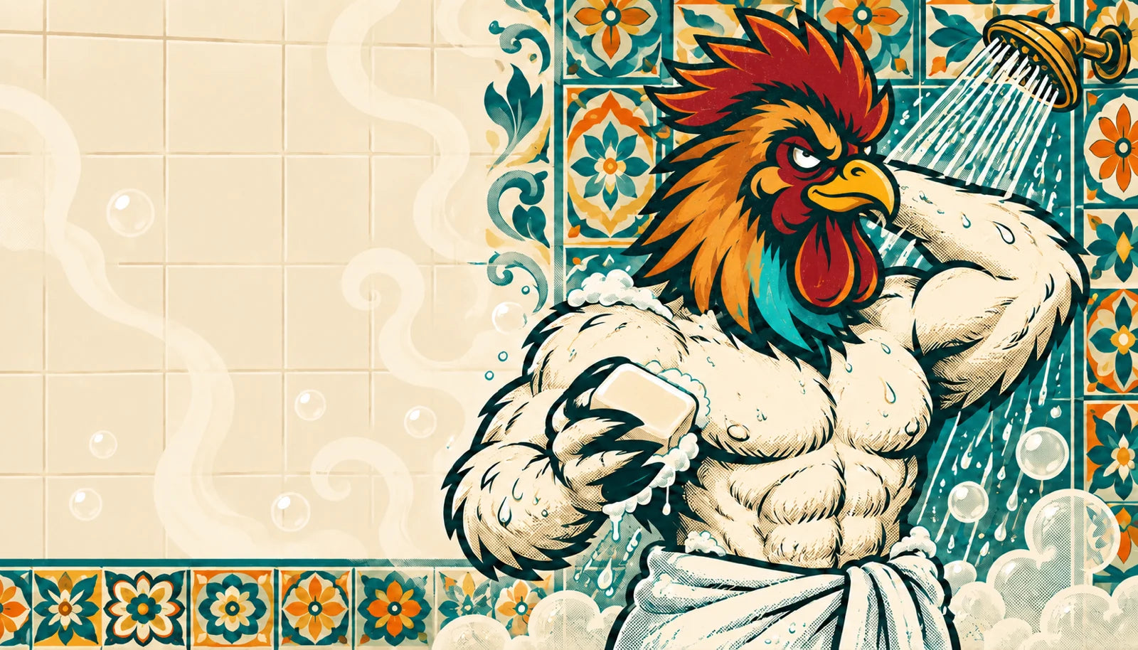 Illustrated Dirty Rooster mascot lathering up in a Talavera-tiled shower