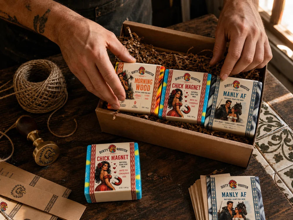 Hands packing Dirty Rooster soap bars into a shipping box